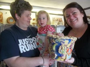 collaborative family pot made and painted at Eastnor Pottery Herefordshire
