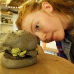 Clay burger made by young potter at Eastnor Pottery during the school holiday