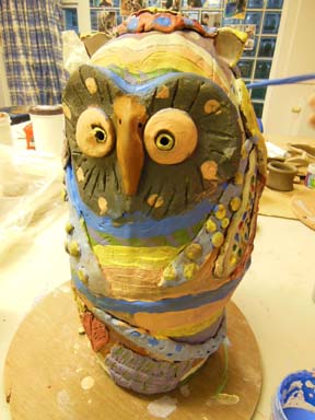 Colourful collaborative owl made by young people at Barons Cross Youth Centre near Leominster