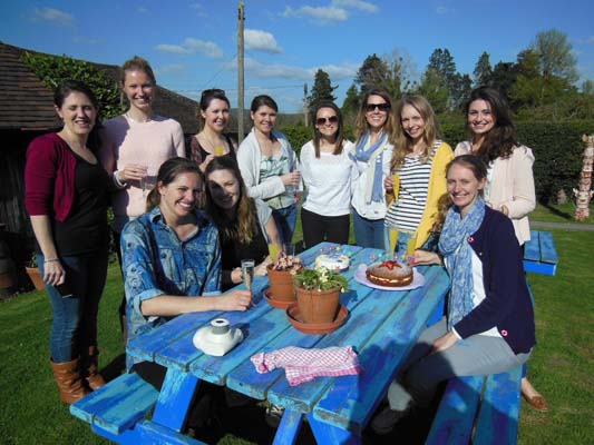 Hen party pottery participants relax in the Pottery garden in Eastnor