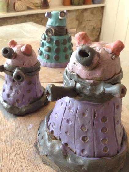 Daleks made of clay at Eastnor Pottery by Doctor Who and Pottery enthusiasts