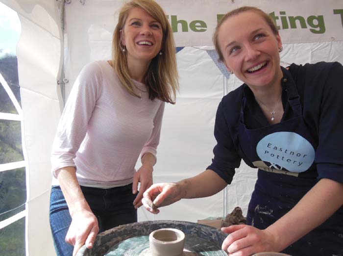 2 Hens on the Kick Wheels in the Potting Tent at Eastnor Pottery