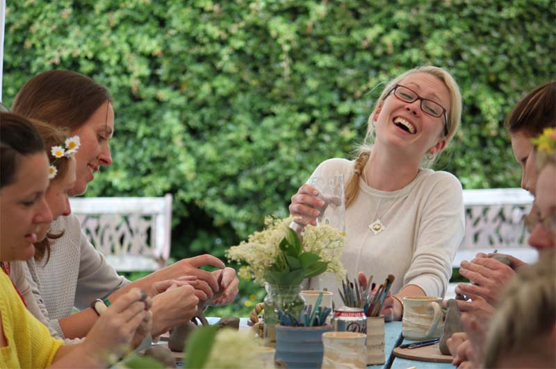 All smiles at Eastnor Pottery with clay themed hen party