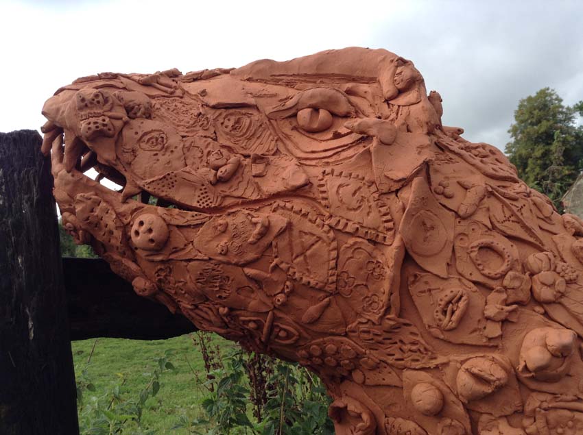 Terracotta Trex made by families at Eastnor Castle with help from Eastnor Pottery