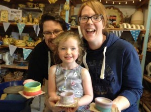 Family of three make pottery at Eastnor Pottery in the Summer holidays 2017