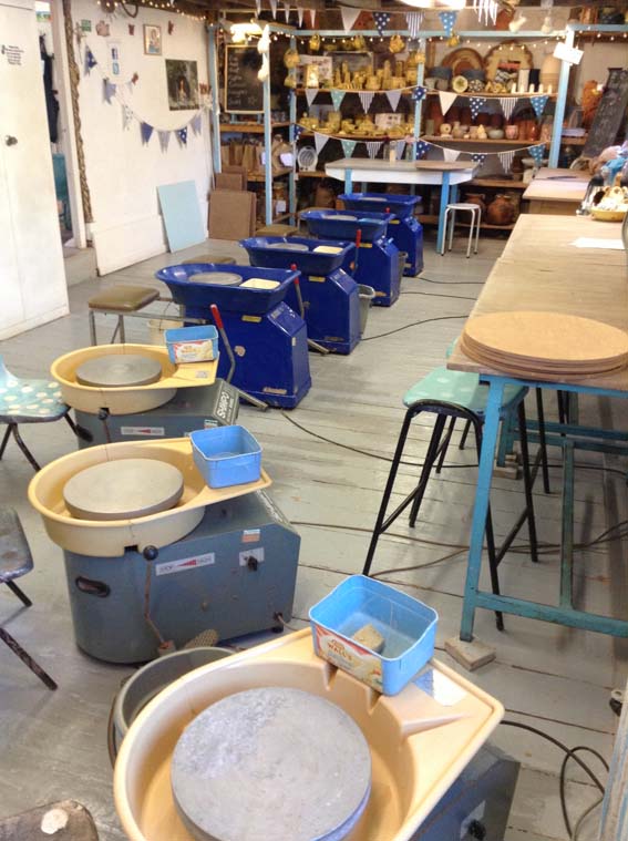 Pottery studio at Eastnor Pottery ready set up ready for seven potter's wheel weekend workshop