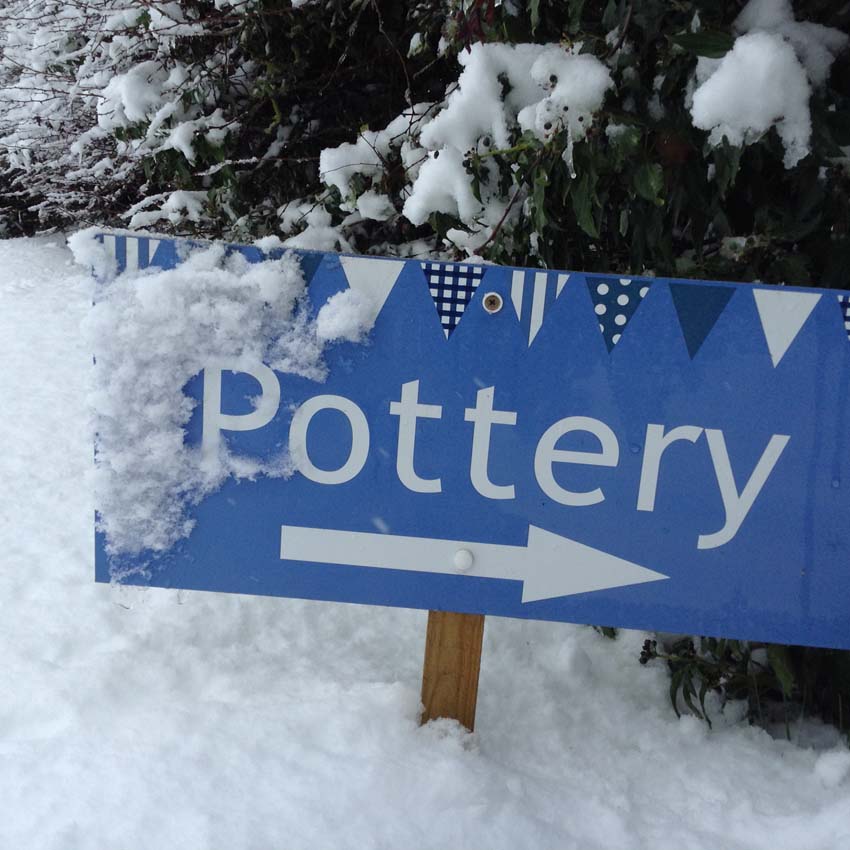 eastnor pottery sign in the snow December 2017